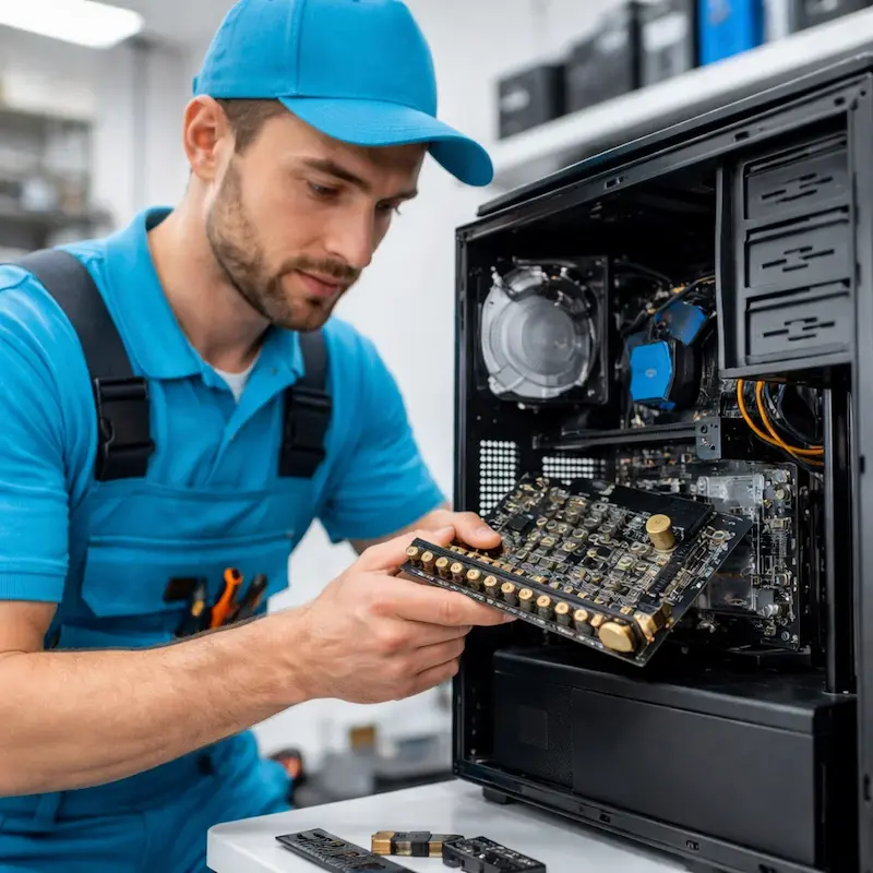 Мастер устанавливает звуковую карту на ПК в Волжском